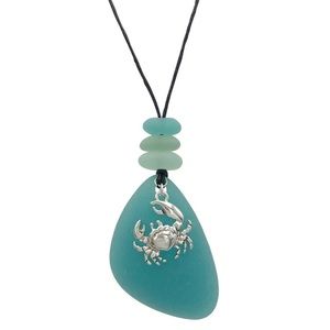 Long Crab Charm Faux Blue Sea Glass Cord Necklace